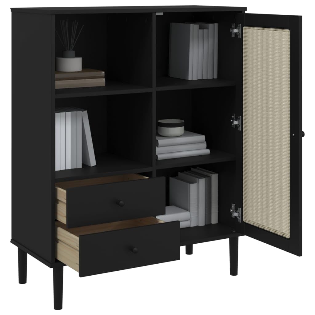 vidaXL Highboard Storage Cabinet - Wood with Black Finish, Rattan Surface, Ample Drawers and Compartments, Chic Modern Style