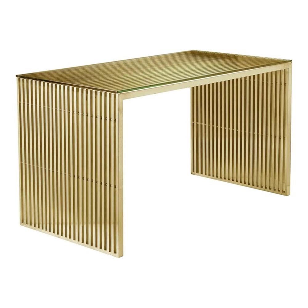 Pangea Home Lux 59&quot; Modern Brushed Steel Metal And Glass Desk In Gold