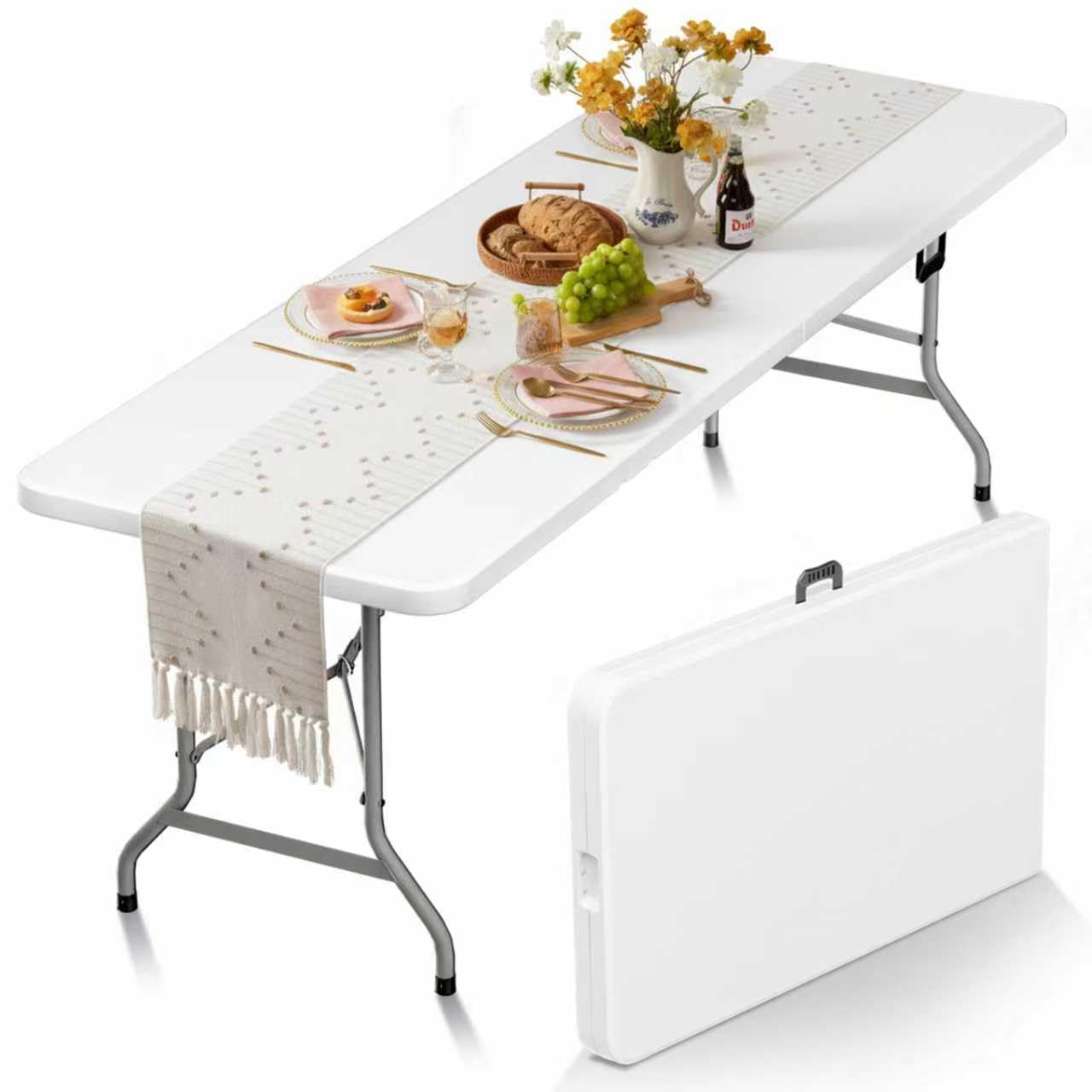 HLPB Folding Table Picnic Table, 8 ft Portable Camping Table with Handle and Safety Locks, Foldable Table Plastic Dining Table I