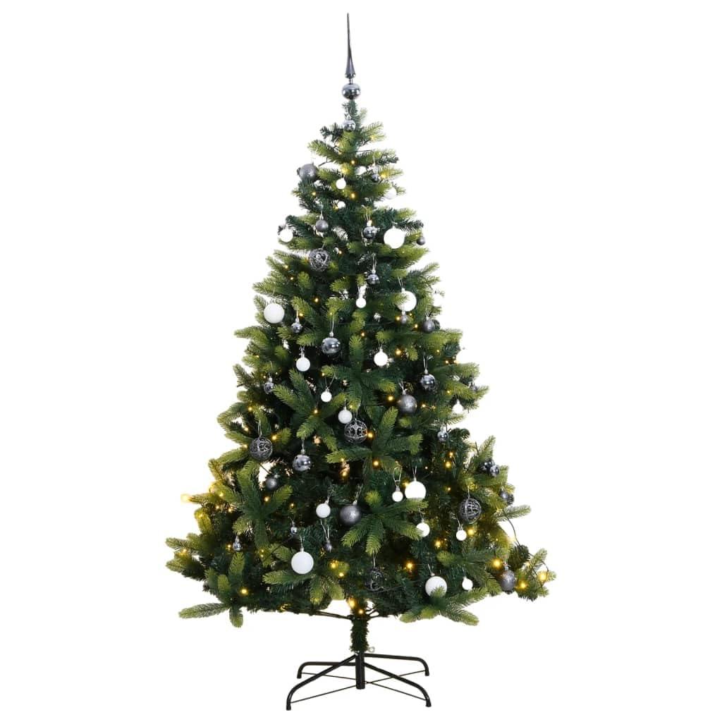 vidaXL Artificial Hinged Christmas Tree with 150 LEDs, Multi-Size Christmas Ball Set, Realistic PE Tips and Sturdy Stand - 59.1&quot;