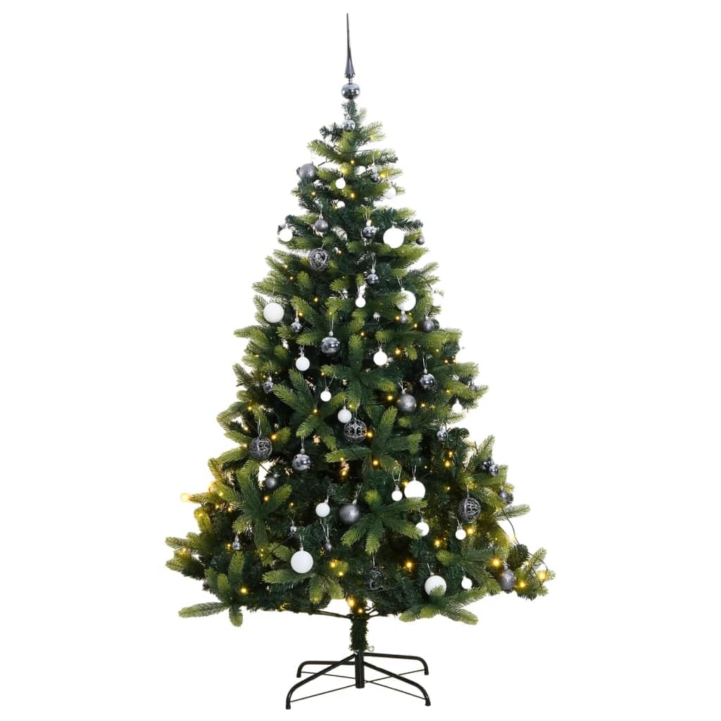 vidaXL Artificial Hinged Christmas Tree: 82.7&quot; with 300 LEDs, Metal Stand, Realistic PE Tips and Assorted Ball Decoration Set - Green, White and Gray Christmas Decor