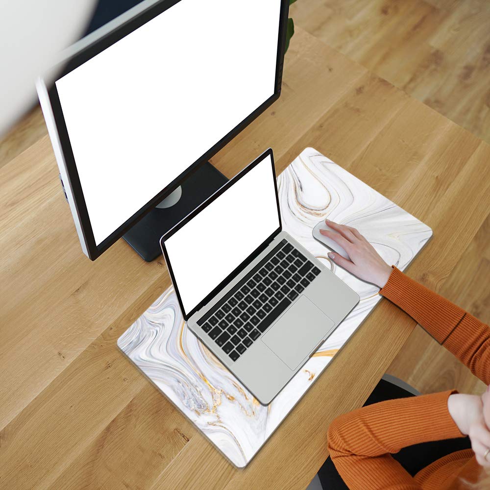 Qiyi White Mouse Pad, Cute Marble Large Desk Mat, Pu Leather Desk Protector Mousepad, Gold Grey Striped Waterproof Computer Keyb