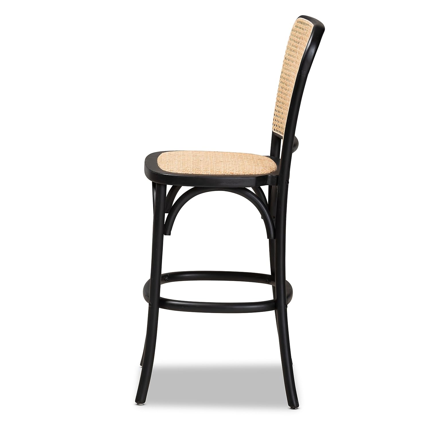 Baxton Studio Vance Mid-Century Modern Brown Woven Rattan and Black Wood Cane Counter Stool