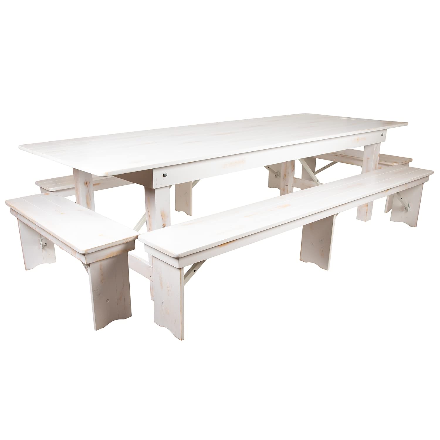 Flash Furniture HERCULES Series 9 x 40 Antique Rustic White Folding Farm Table and Four Bench Set