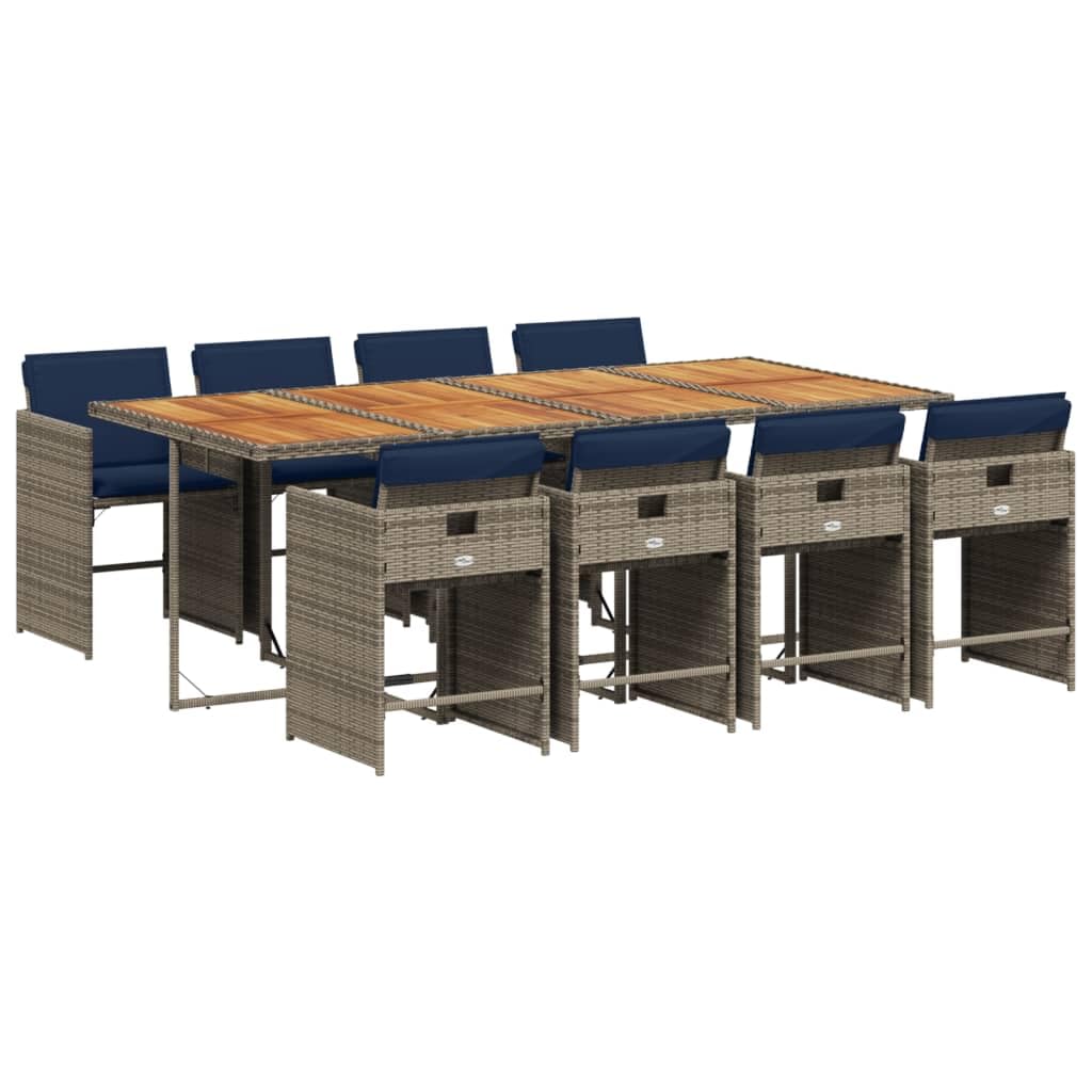 vidaXL 9-Piece Patio Dining Set - Gray Poly Rattan & Acacia Wood Table with Navy Cushions for Outdoor Garden, Backyard, Deck