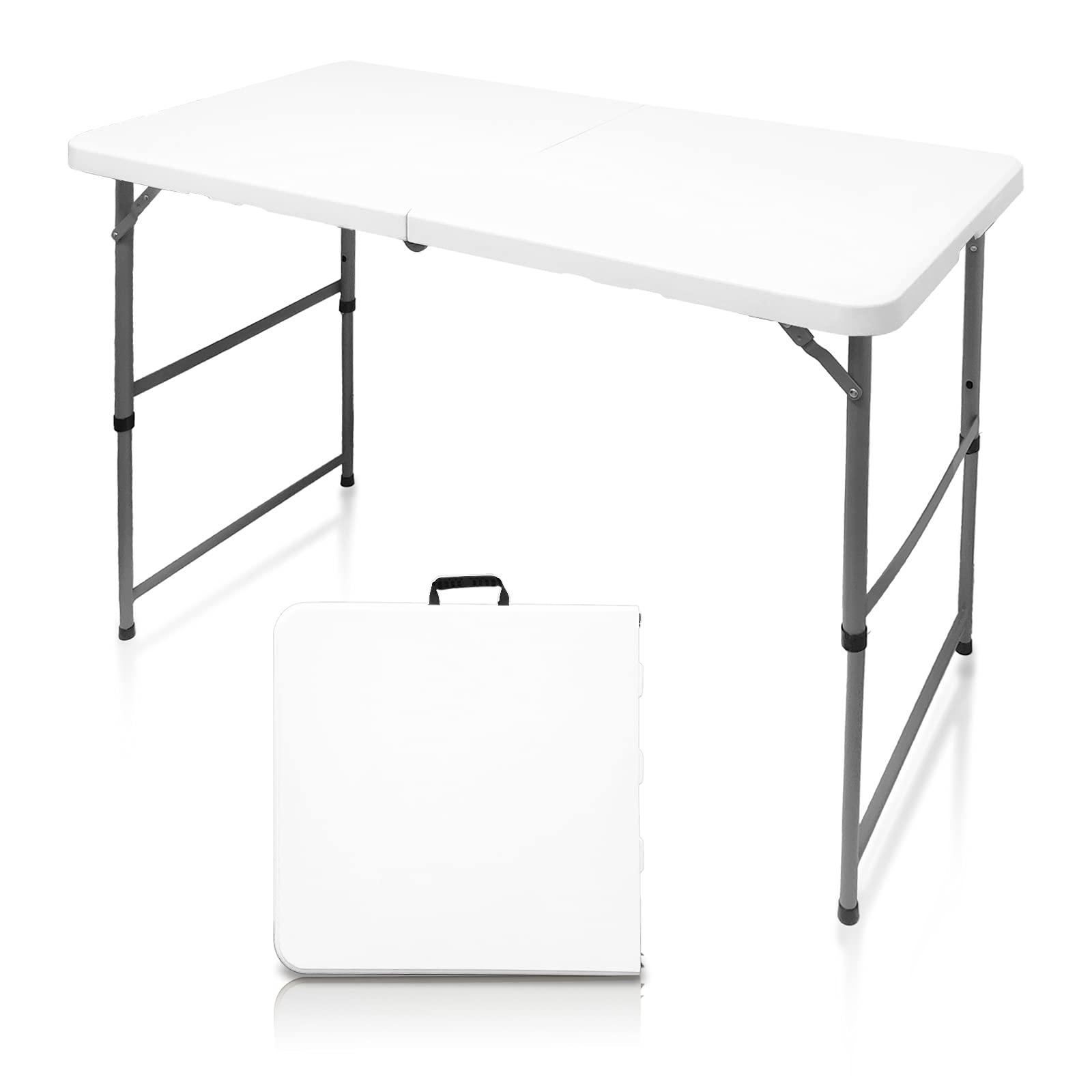 Hymnature Folding Tables 4 Foot Lightweight, Folding Table Height Adjustable Utility Bi-Fold Table Indoor Outdoor, Portable Plastic Picnic Chrismas Party Dining Camping Tables(White)
