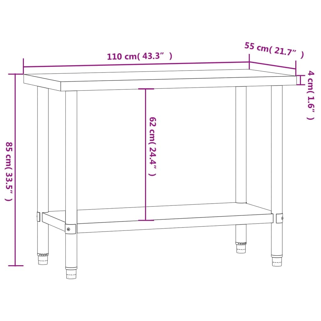 vidaXL Stainless Steel Kitchen Work Table - 43.3"x21.7" with Shelf for Restaurant, Bar, Commercial Food Prep