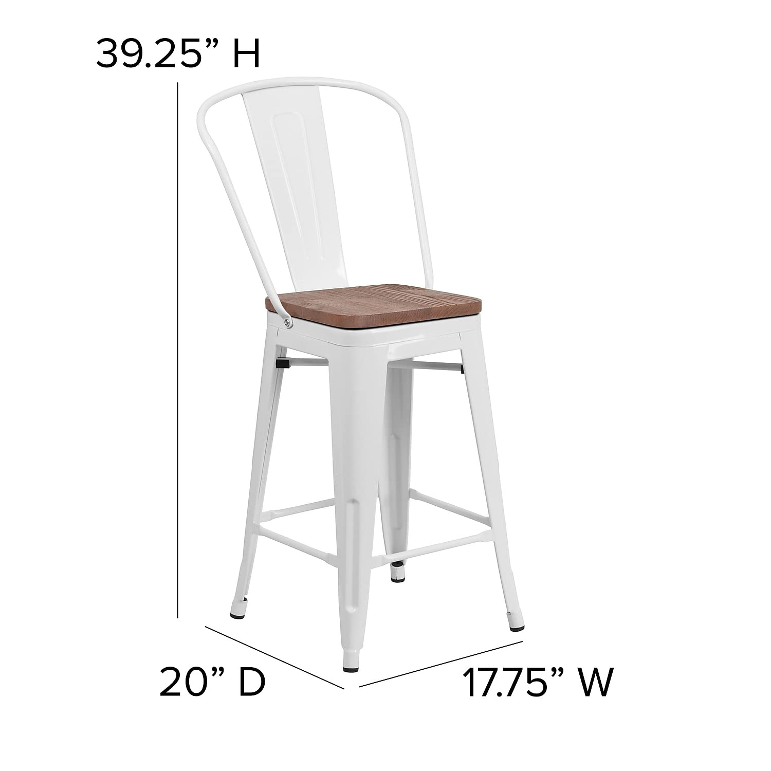 Flash Furniture Lily 24' High White Metal Counter Height Stool With Back And Wood Seat (Pack Of 1)