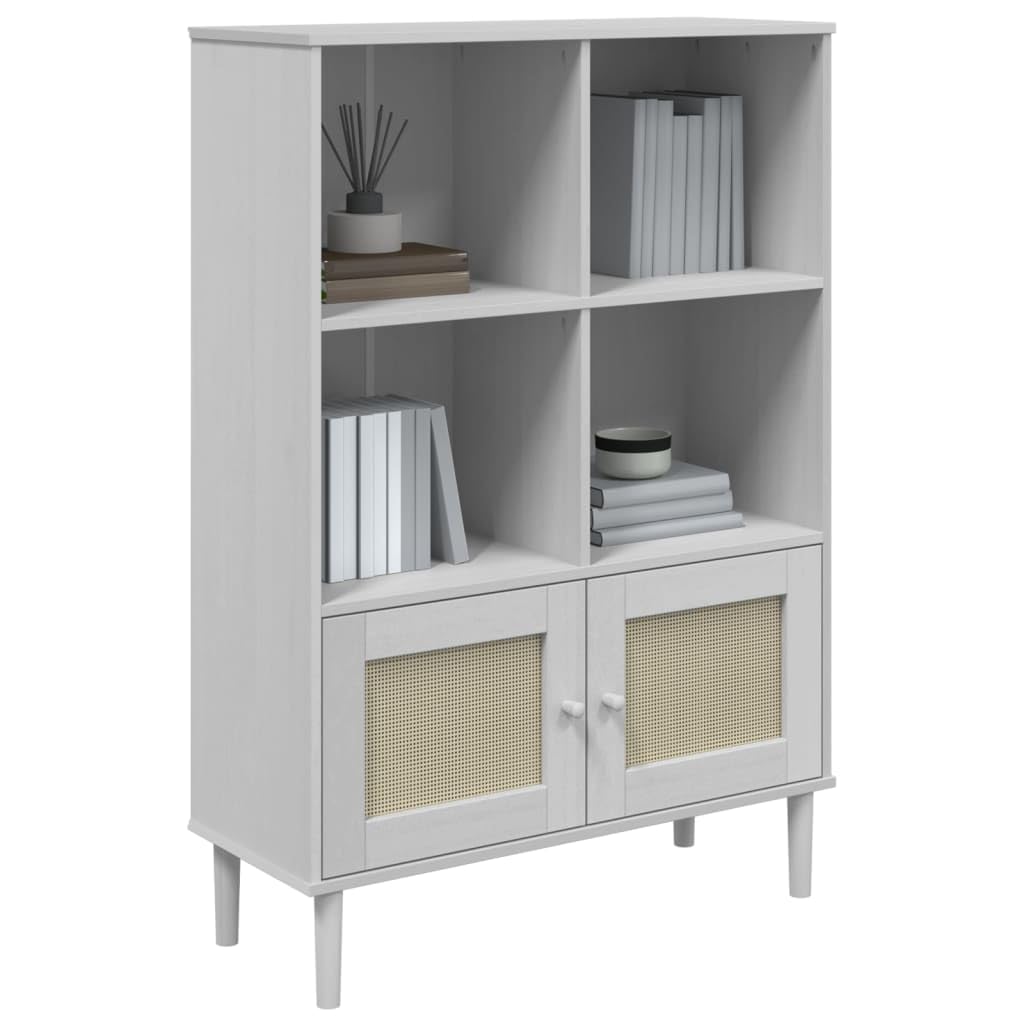 vidaXL SENJA Modern Freestanding Bookcase - Solid Pinewood with UV Varnish Finish, Poly Rattan Surface - White | 35.4&quot;x13.8&quot;x51.2&quot;