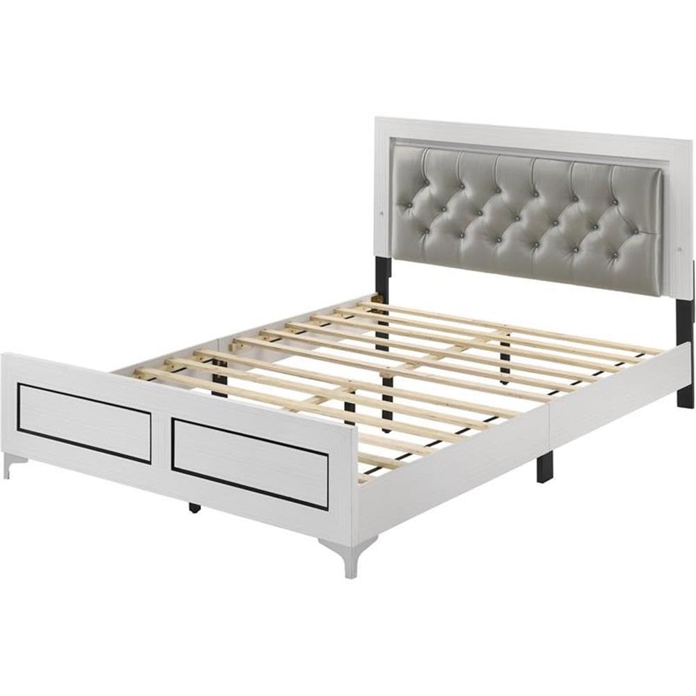 Acme Casilda Faux Leather Tufted Queen Bed with LED in Gray White