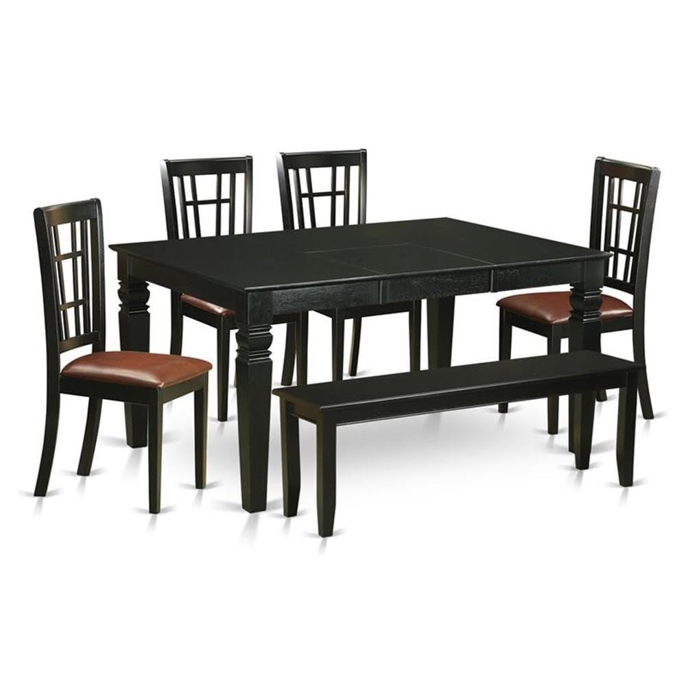 East West Furniture WENI6D-BLK-LC 6 Piece Dining Room Table Set Contains a Rectangle Kitchen Table with Butterfly Leaf and 4 Faux Leather Dining Chairs with a Bench, 42x60 Inch, Black