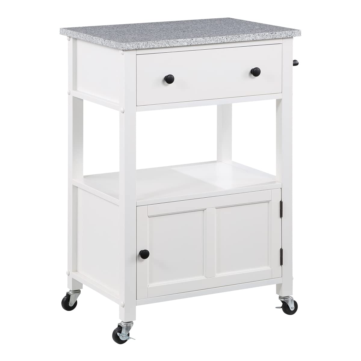 OS Home and Office Furniture Fairfax Model FRXG-11 White Kitchen Cart with Doors, Towel Rack, and Drawer