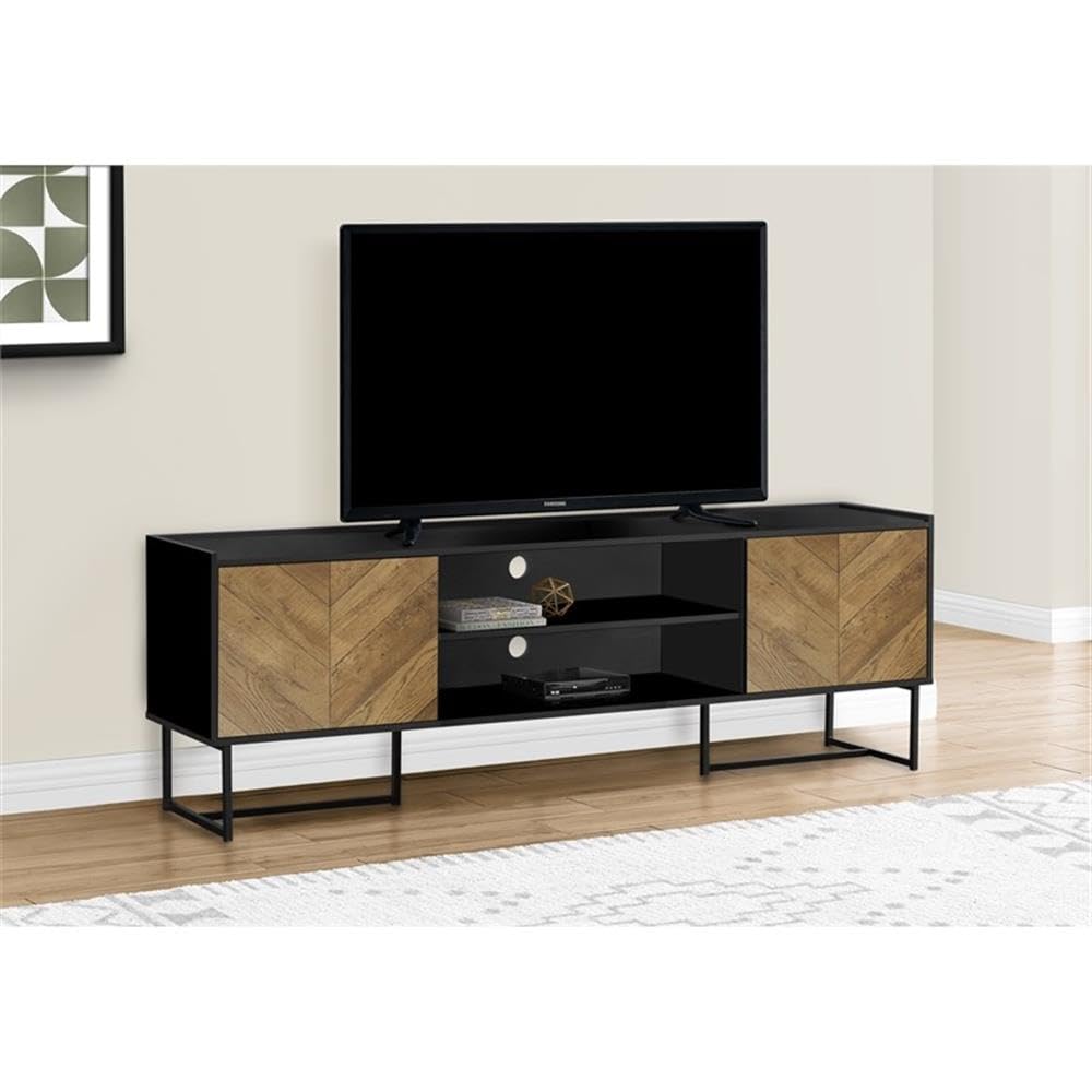 Monarch Specialties I 2752 Tv Stand, 72 Inch, Console, Media Entertainment Center, Storage Cabinet, Living Room, Bedroom, Brown and Black Laminate, Black Metal, Contemporary, Modern