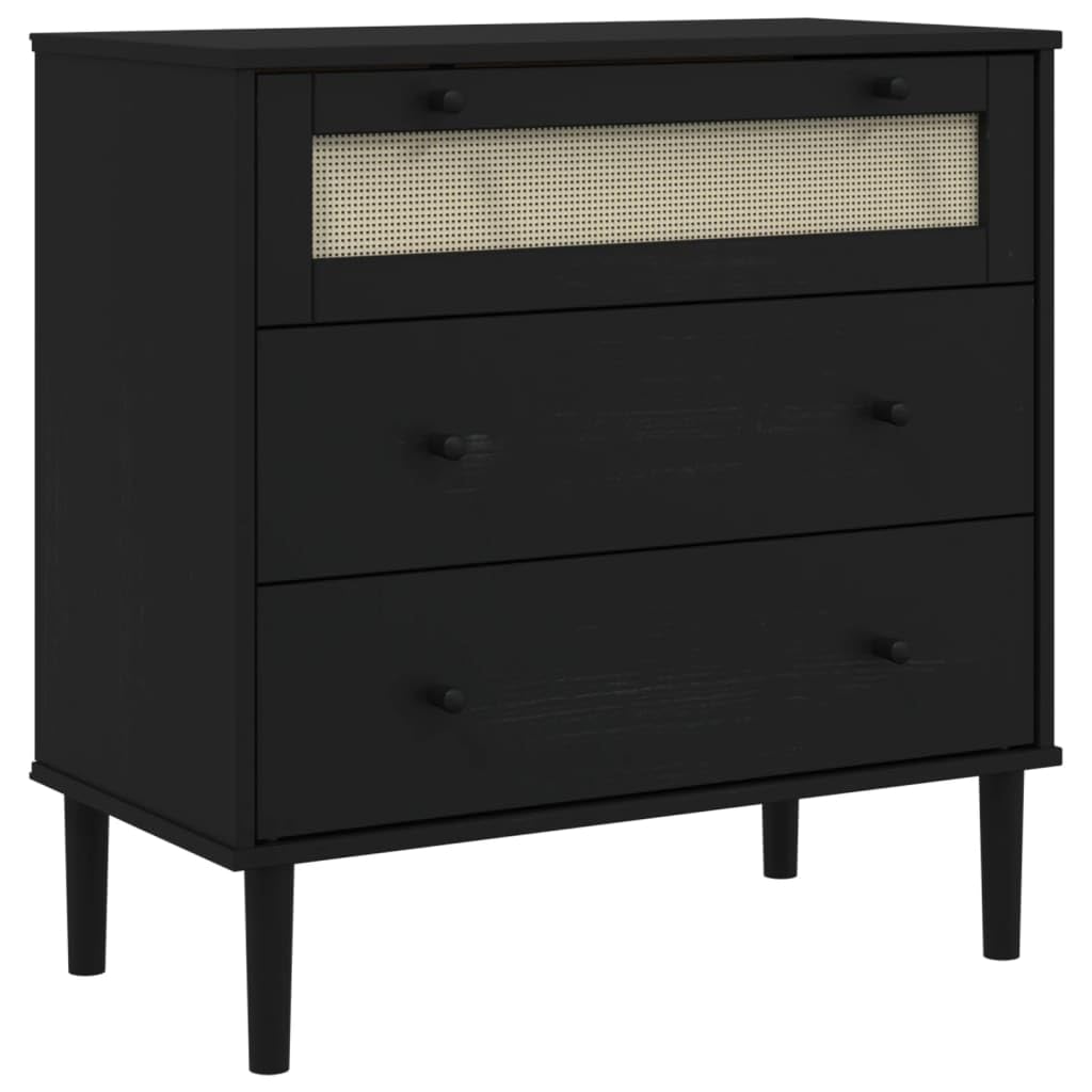 vidaXL SENJA Drawer Cabinet Black - Solid Pine Wood Construction, UV Varnished Finish, Three Drawers, Handcrafted Poly Rattan Top Drawer, Sturdy Top for Decorations