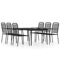 vidaXL Patio Dining Set 7 Piece Black, Outdoor Garden Table and Chairs, Powder-Coated Steel Frame with Twined Cotton Rope Seats, Tempered Glass Top