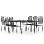 vidaXL Patio Dining Set 7 Piece Black, Outdoor Garden Table and Chairs, Powder-Coated Steel Frame with Twined Cotton Rope Seats, Tempered Glass Top