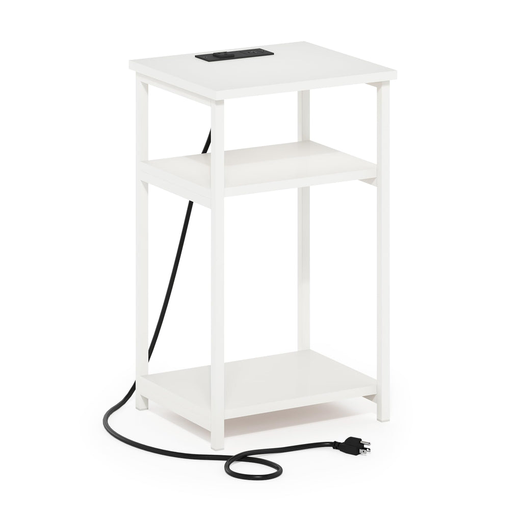 Furinno Moretti 3-Tier Metal Frame Open Storage Side Table, End Table with USB and Type-C Charging Station, White/White