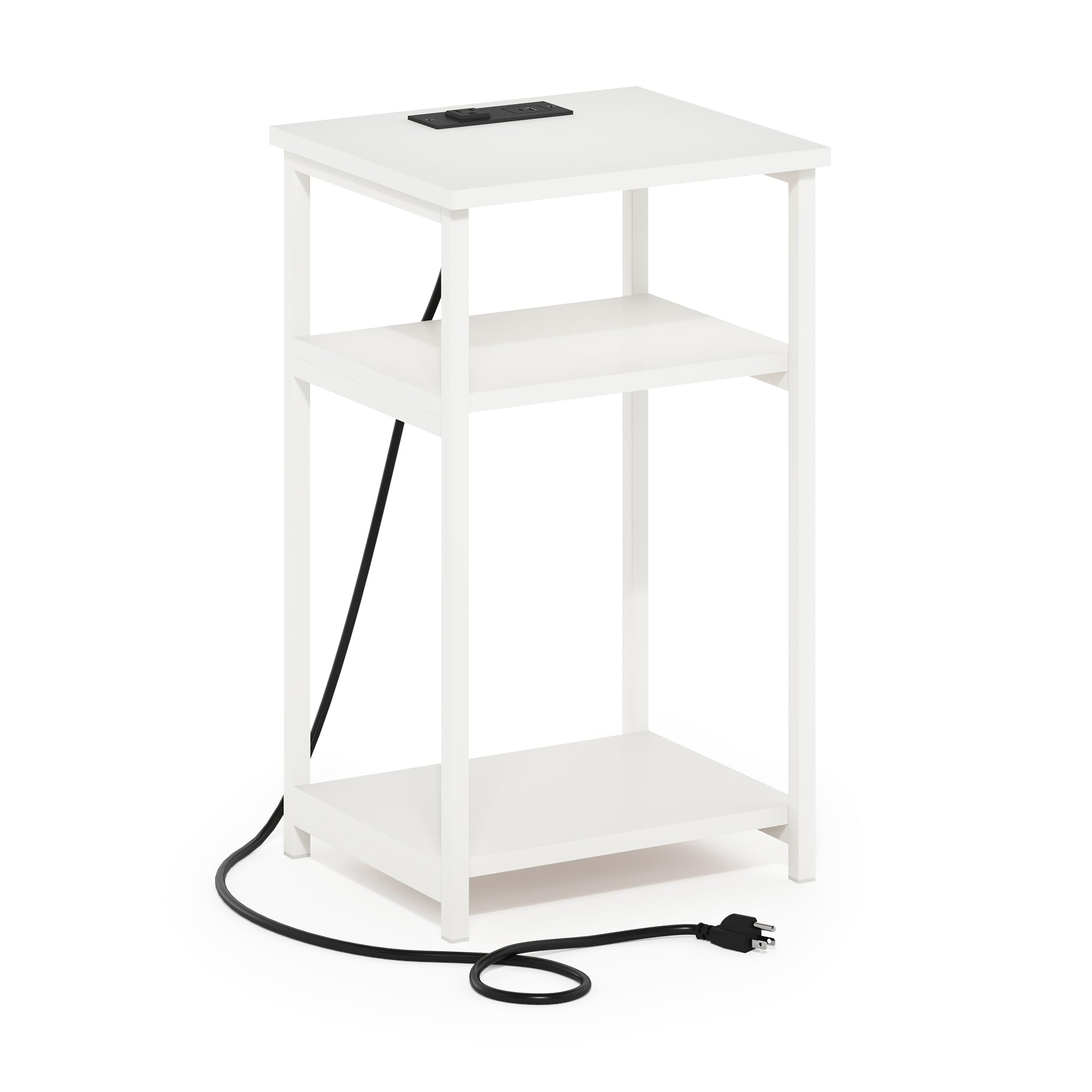 Furinno Moretti 3-Tier Metal Frame Open Storage Side Table, End Table with USB and Type-C Charging Station, White/White