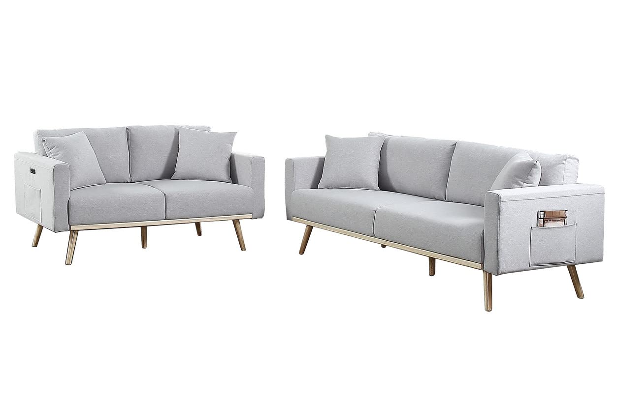Lilola Home Easton Light Gray Linen Fabric Sofa Loveseat Living Room Set with USB Charging Ports Pockets & Pillows