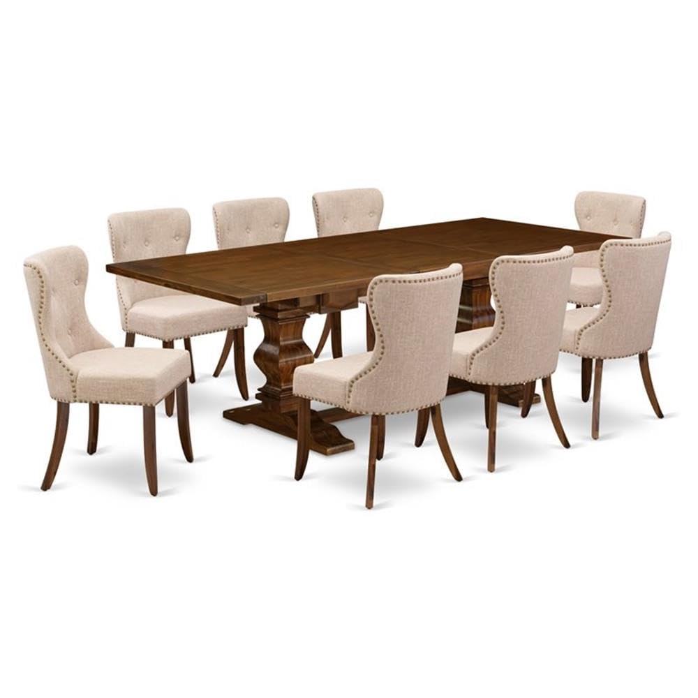 East West Furniture LASI9-88-04 Dinette Set - 8 Excellent Kitchen Chairs with Tan Fabric Linen Seat and a Gorgeous Rectangular Wooden Dining Table (Antique Walnut Finish)