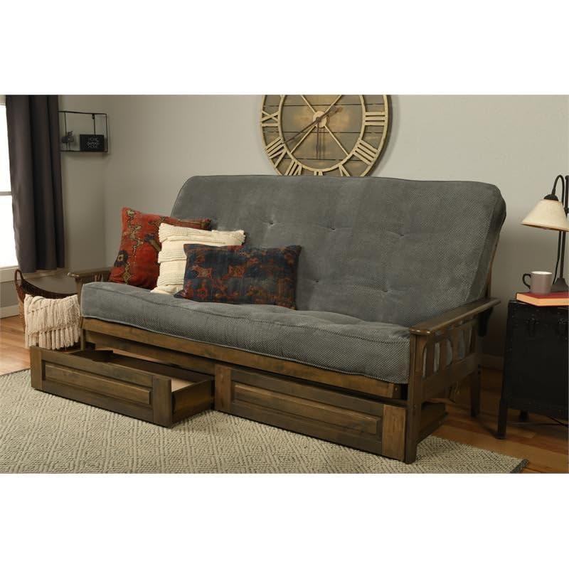 Kodiak Tucson Queen Futon Frame with Storage Drawers - Wood Futon Set with Mattress Included in Thunder Gray Color