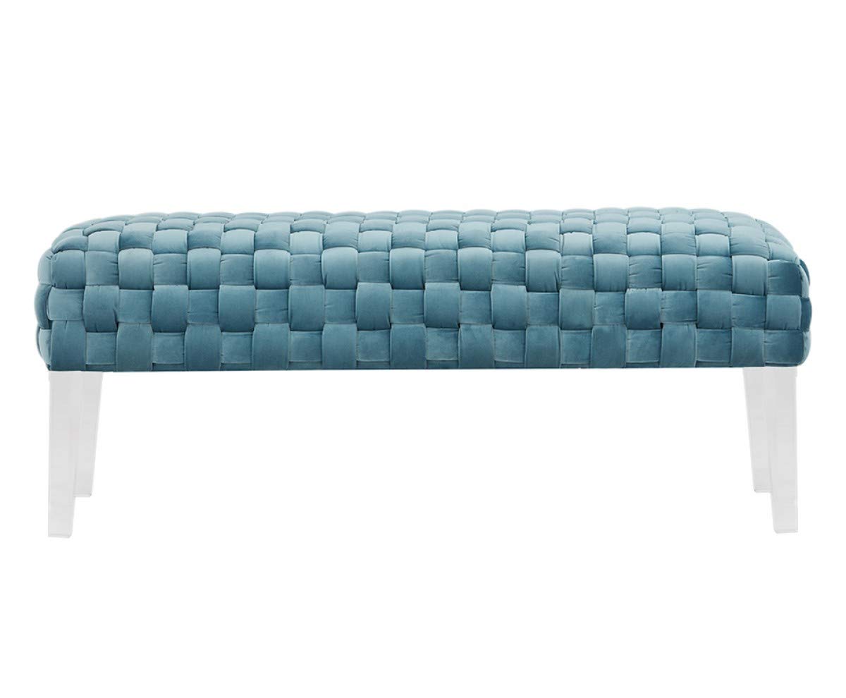 HomeRoots Rectangular Modern Light Teal Textured Velvet Bench with Acrylic Legs