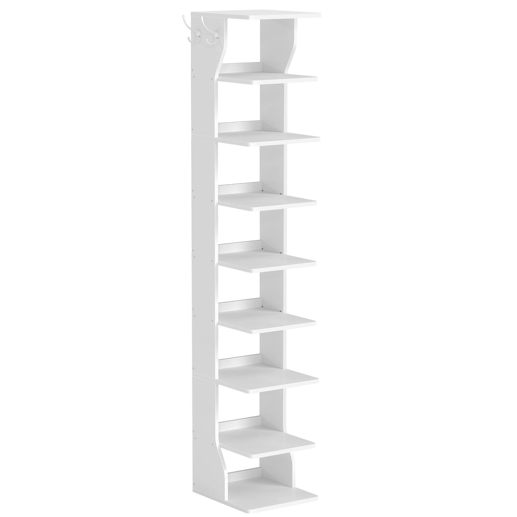 VASAGLE 9-Tier Vertical Shoe Rack, Narrow Shoe Storage Organizer with Hooks, Slim Corner Tower Shelf, Space-Saving for Entryway 