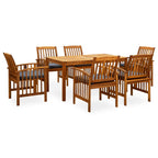 vidaXL Solid Wood Acacia Patio Dining Set with Cushions 7 Piece Wooden Garden Outdoor Balcony Backyard Terrace Table Chair Dinner Furniture