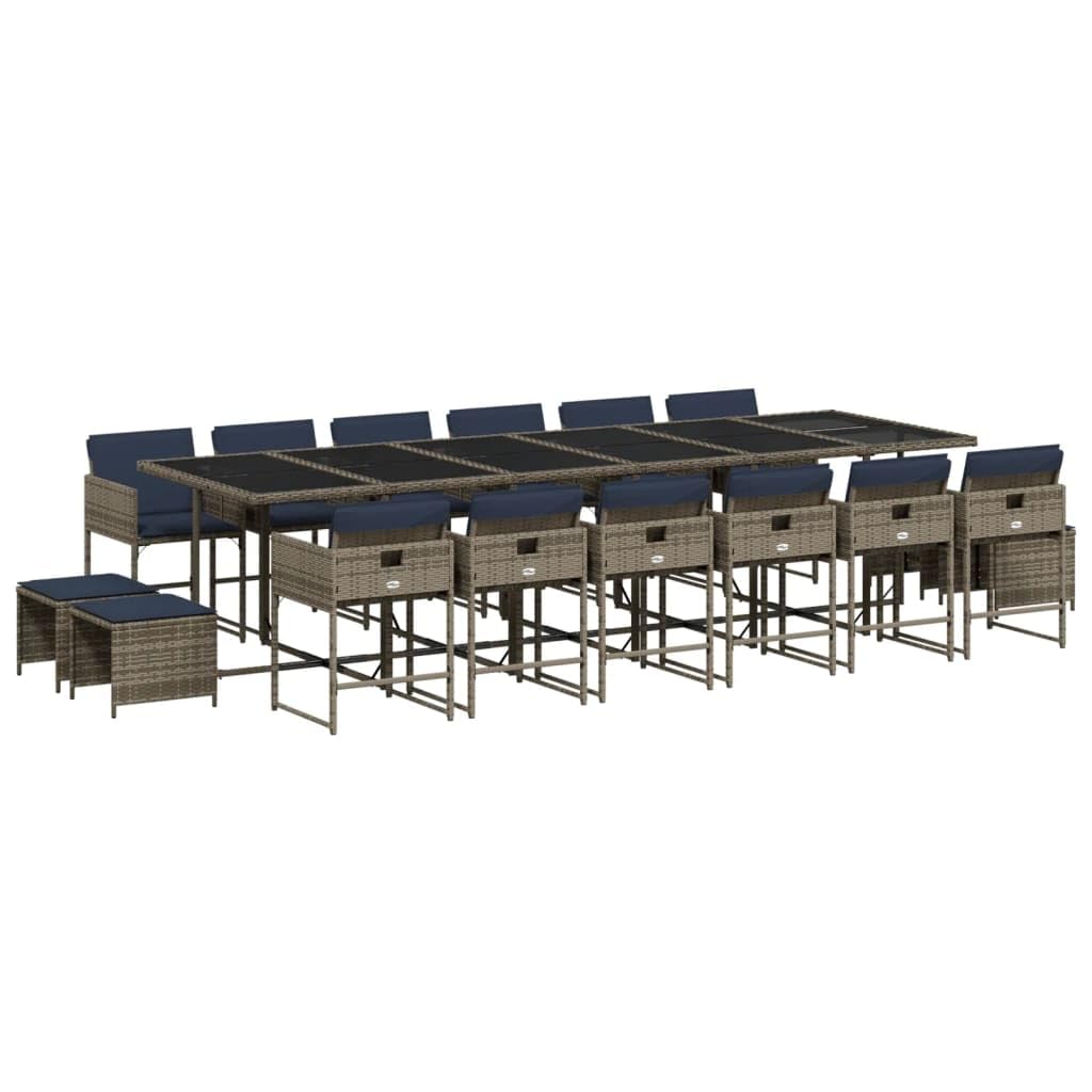 vidaXL Patio Dining Set/Garden Furniture 17 Piece - Gray Poly Rattan Dining Set with Cushions and Tempered Glass Tabletop for Outdoor/Pati/Backyard/Garden