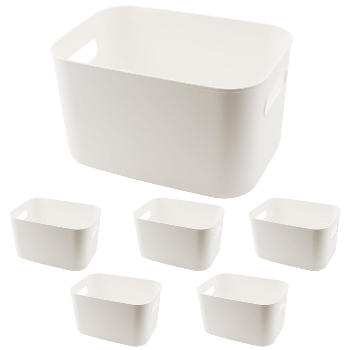 MAHIONG 6 Pack White Storage Bin with Handles, 10 x 7 x 6.3 Inch Plastic Bathroom Kitchen Organizer Bins for Hand Soap, Shampoos