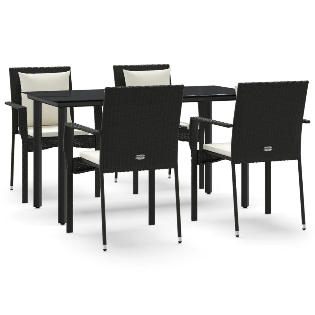 vidaXL 5-Piece Patio Dining Set - Robust Black Poly Rattan with Cushions, Tempered Glass Tabletop, Modular Design, Comfortable Seating, Perfect for Outdoor Dining and Relaxation