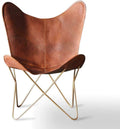 Shy Shy Let’S Touch The Sky Leather Living Room Chairs- Brown Leather Butterfly Chair-Handmade With Powder Coated Iron Frame (Cover With Folding Frame) (Golden Frame)