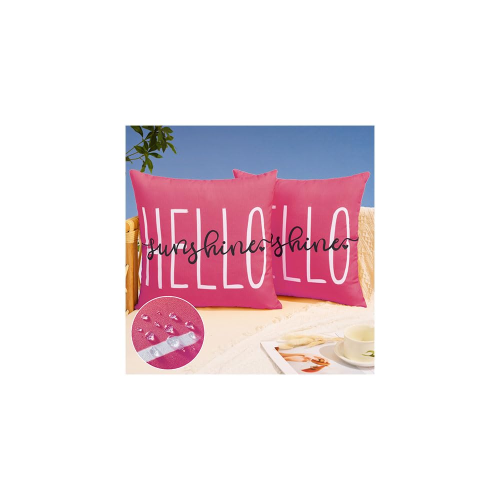 Dfxsz Outdoor Pillow Covers 16X16 Inch Set Of 2 Hello Sunshine Decor Hot Pink Waterproof Throw Pillow Covers Summer Outdoor Wate
