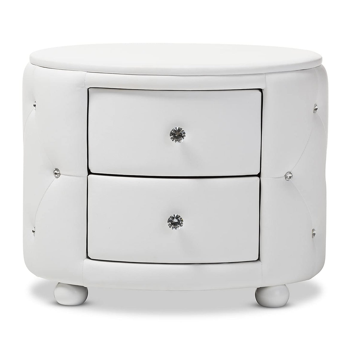 Baxton Studio Davina Hollywood Glamour Style Oval 2-Drawer Faux Leather Upholstered Nightstand, Medium, White