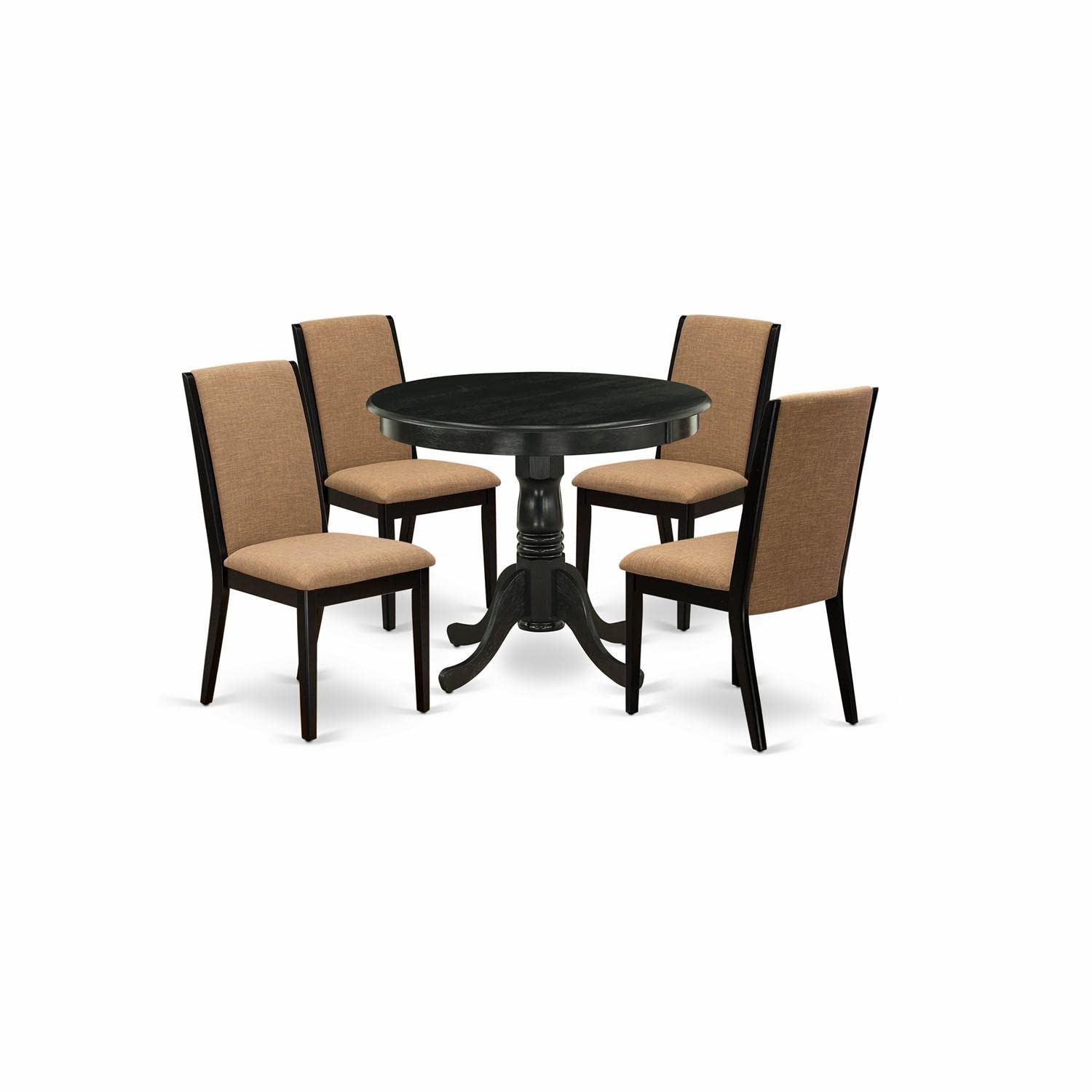 East West Furniture Anla5-Abk-47 5 Piece Modern Dining Table Set Includes A Round Kitchen Table With Pedestal And 4 Light Sable Linen Fabric Upholstered Chairs, 36X36 Inch, Wirebrushed Black