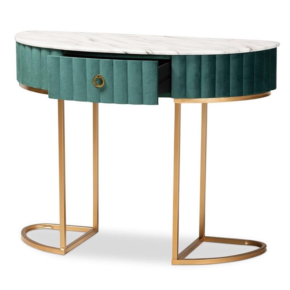Baxton Studio Beale Luxe and Glam Green Velvet Upholstered and Brushed Gold Finished 1-Drawer Console Table with Faux Marble Tabletop Green/Velvet
