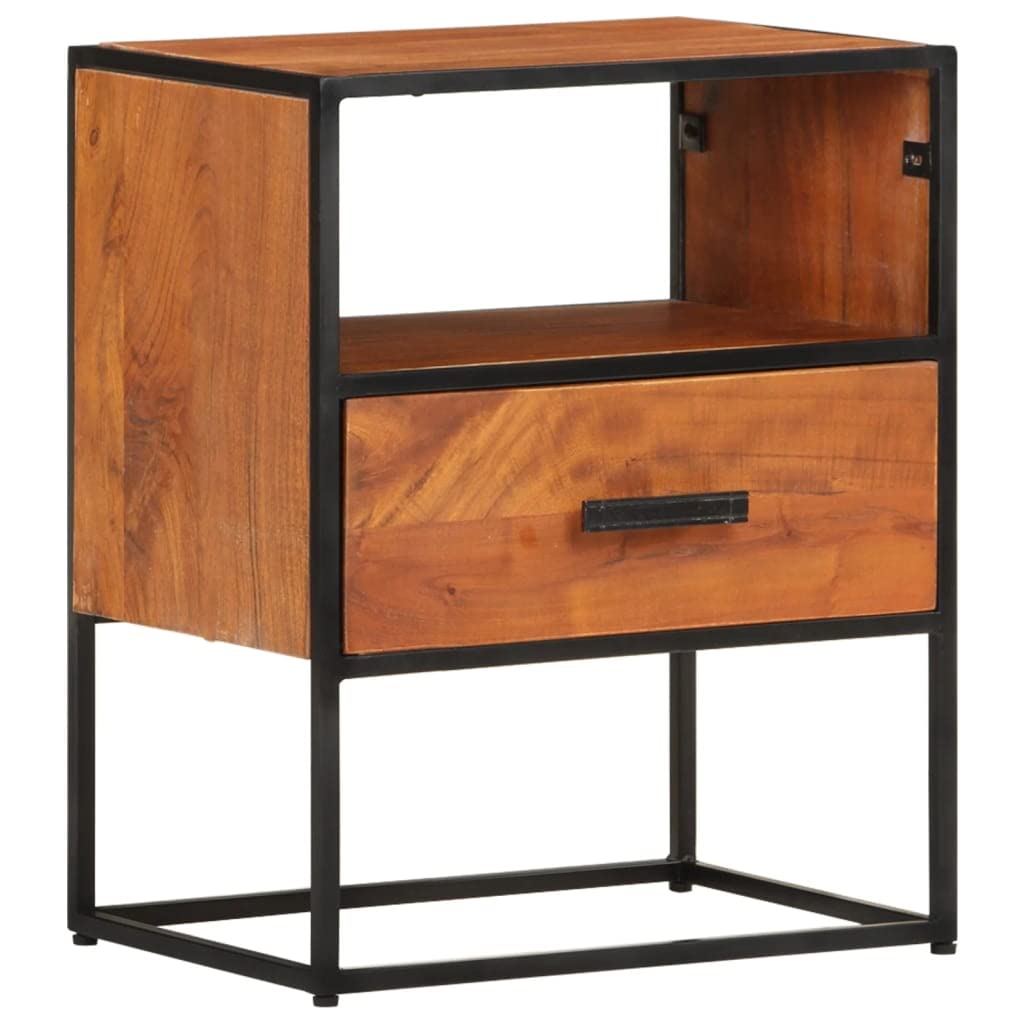 vidaXL Solid Acacia Wood Bed Cabinet with Iron Legs, Elegant Vintage-Industrial Style, Featuring Spacious Drawer and Compartment for Storage