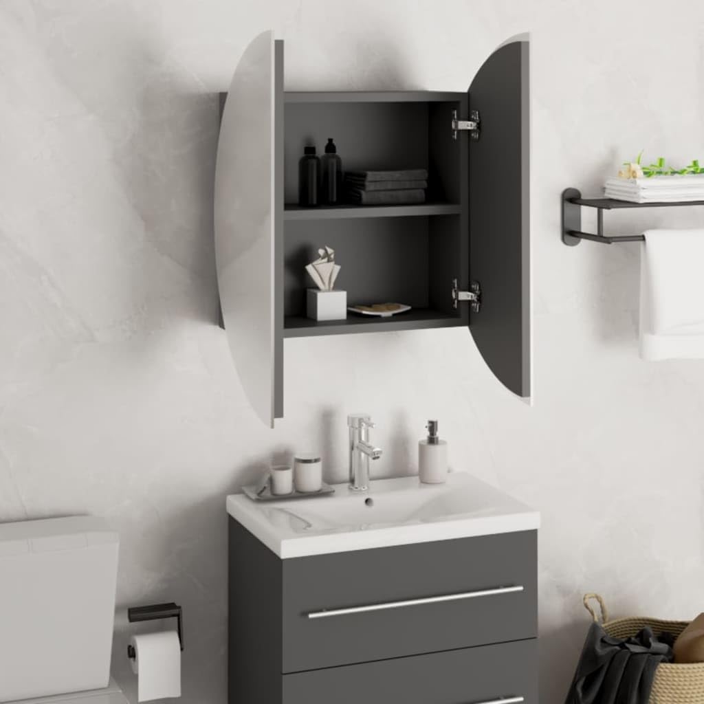 vidaXL Bathroom Cabinet with LED Light and Round Mirror | Moisture-Resistant Engineered Wood | Ample Storage Space | Modern Gray Design