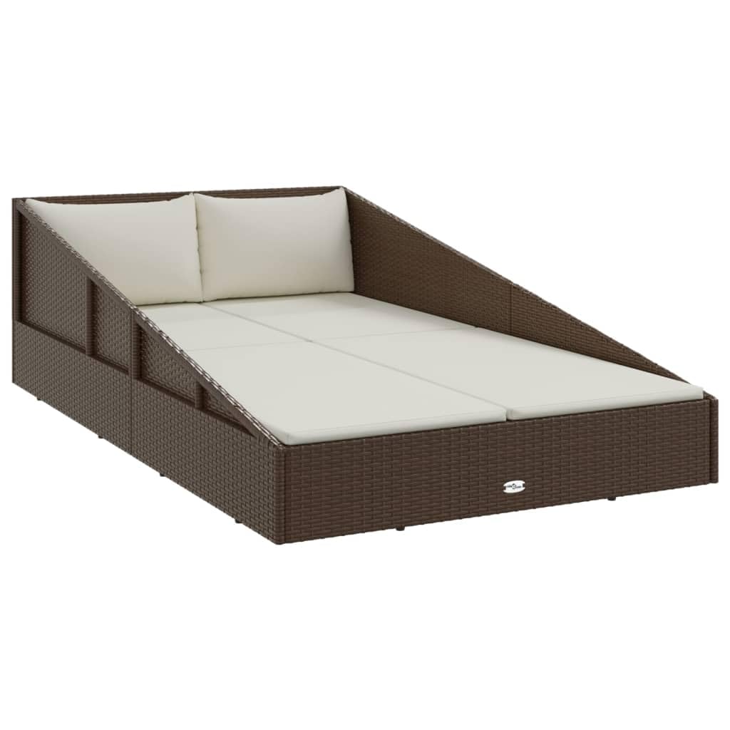 vidaXL Poly Rattan Garden Bed - Brown Outdoor Daybed with Cream White Seat Cushions and Pillows, Weather Resistant Material, Suitable for Patio or Poolside
