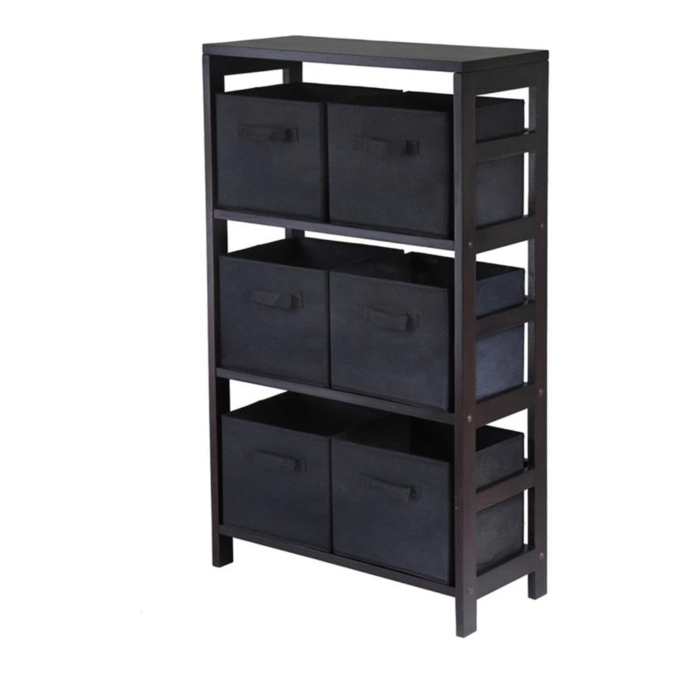 Winsome Wood Capri Wood 3 Section Storage Shelf with 6 Black Fabric Foldable Baskets