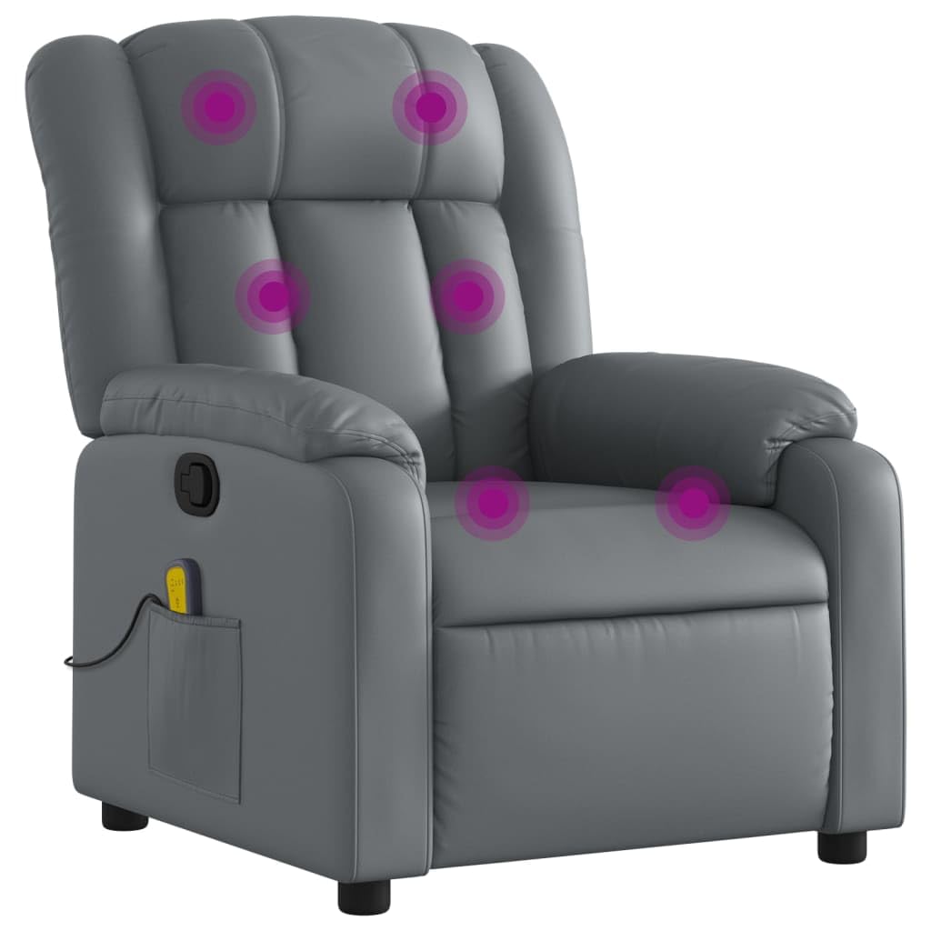 vidaXL Massage Recliner Chair for Living Room, Adjustable Recliner with 6-Point Vibration Massage, Home Theater Seating with Padded Seat Backrest & Side Pocket, Grey Leather