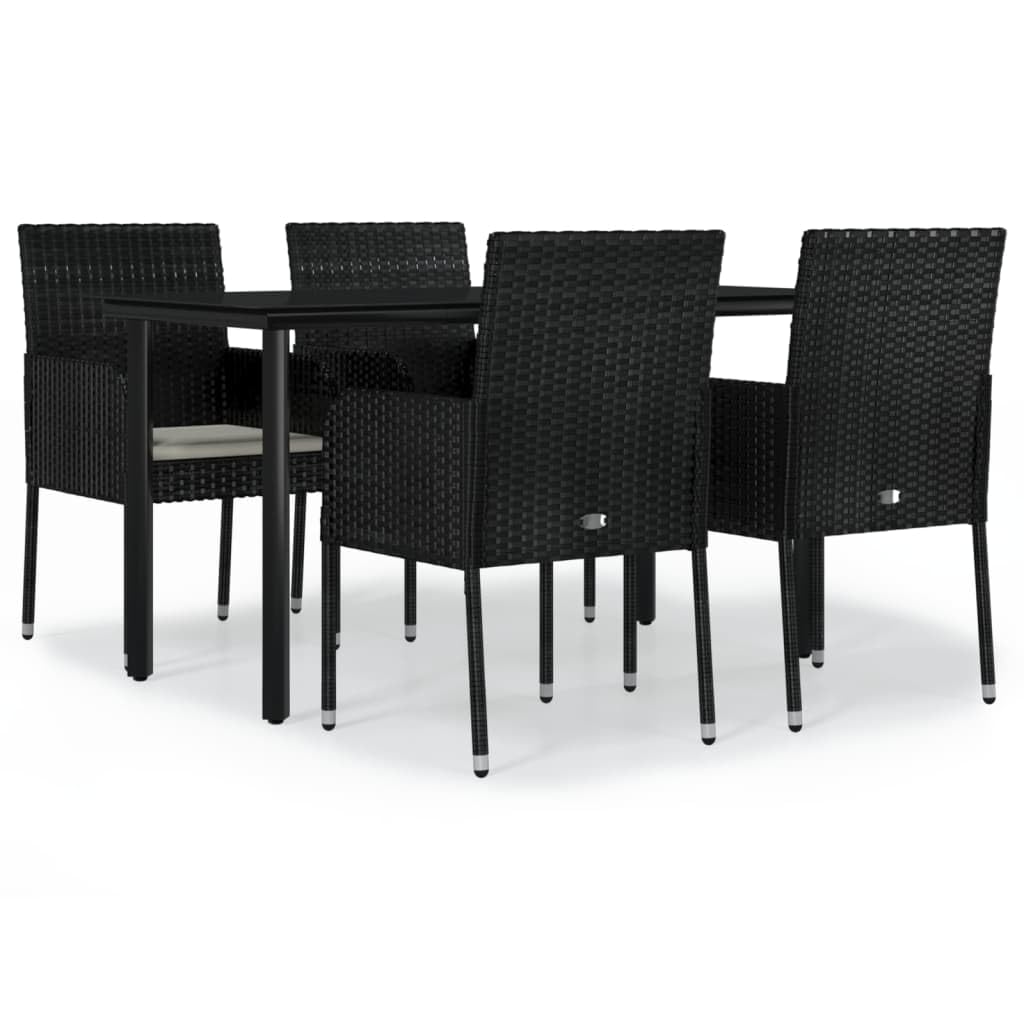 vidaXL Modern 5 Piece Patio Dining Set - Black Poly Rattan with Cream White Cushions, Weather-Resistant, Tempered Glass Tabletop, Modular Design, Comfortably Padded'.