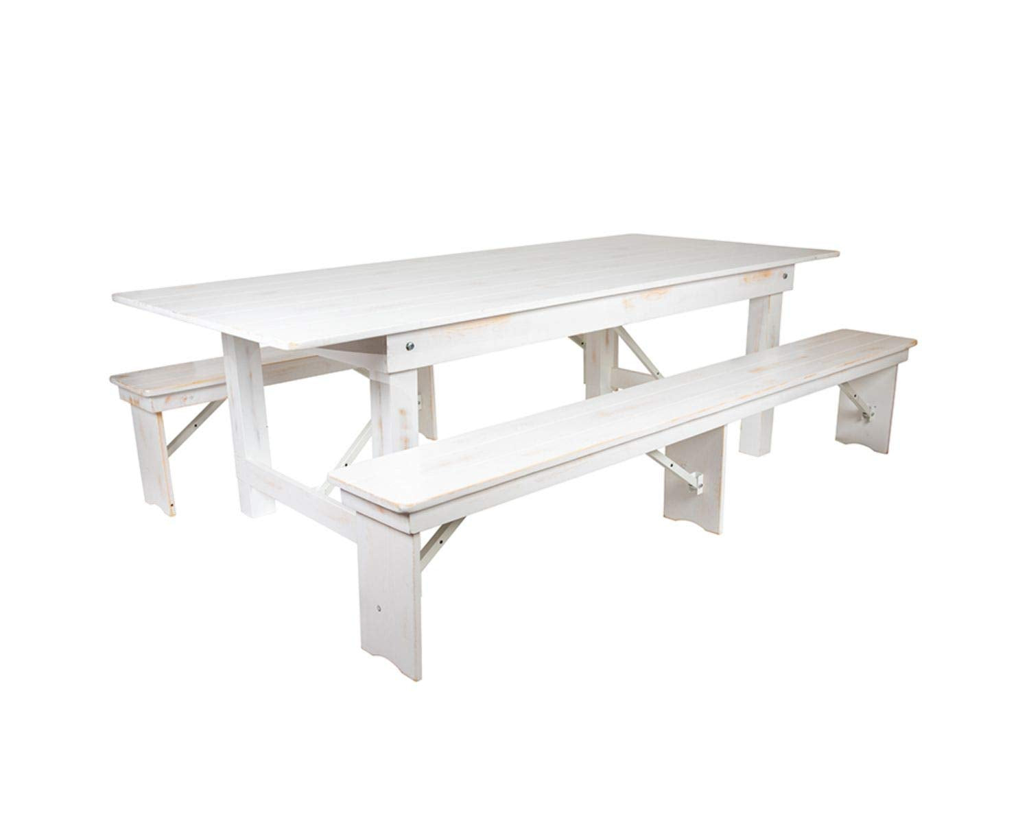Flash Furniture Hercules Series 8' X 40&quot; Antique Rustic White Folding Farm Table And Two Bench Set