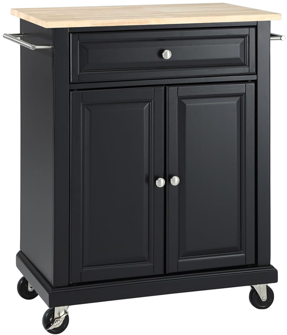 Crosley Furniture Compact Wood Top Small Rolling Cart with Shelves, Microwave Stand with Towel Rack, Black