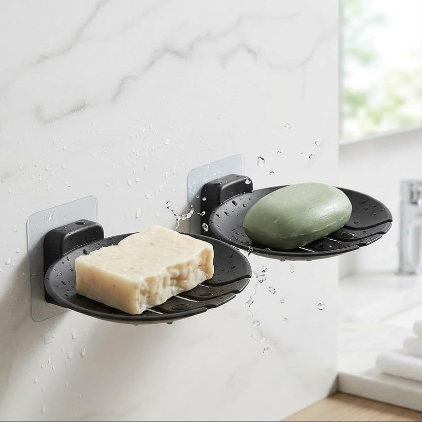 Evona 2 Pack Wall Mounted Soap Holder for Bathroom, Self Draining Soap Dish with Strong Adhesive, Plastic Soap Tray for Shower,