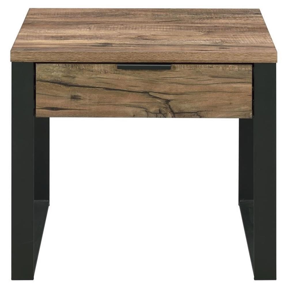Acme Aflo Square Wooden End Table With Storage Drawer In Weathered Oak And Black