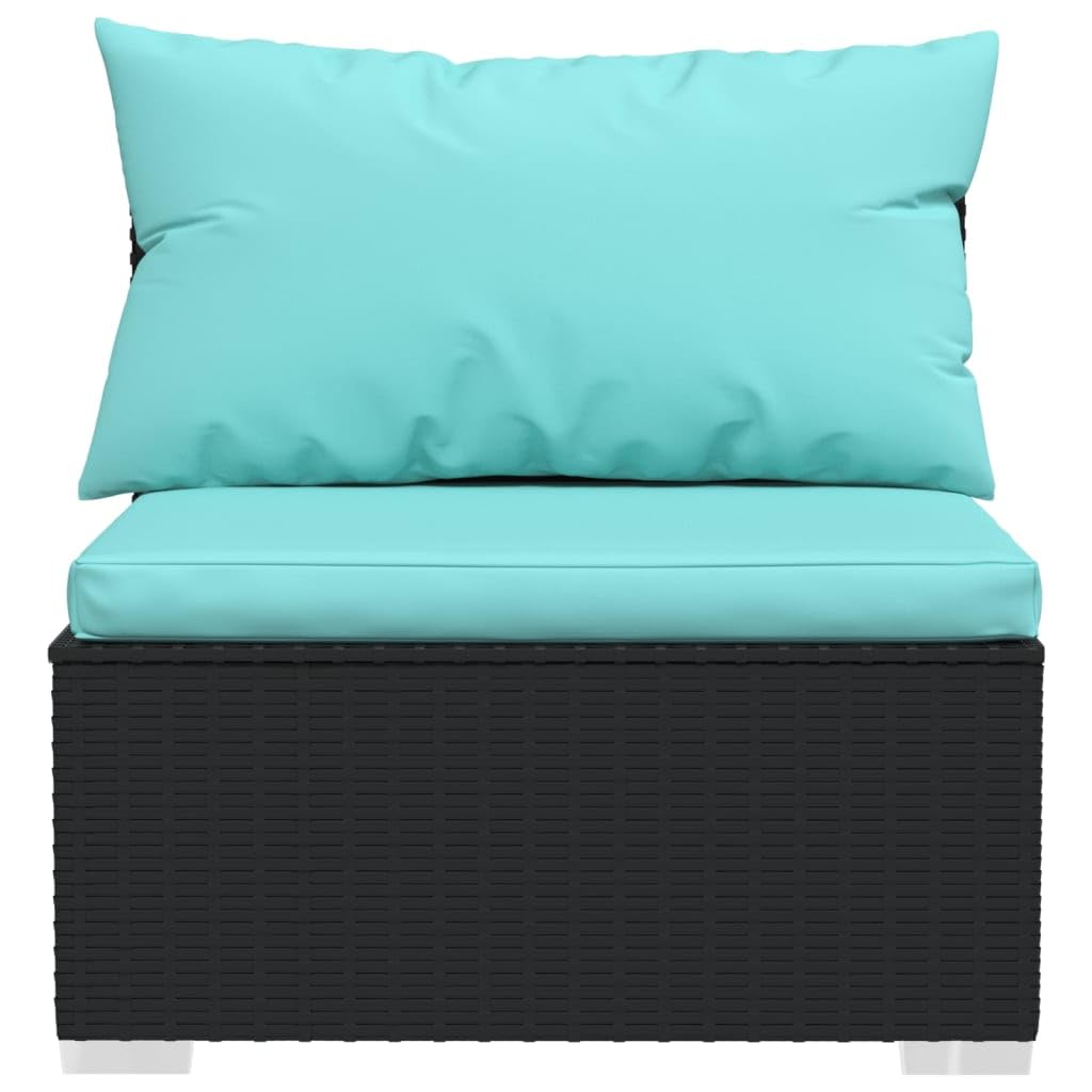vidaXL Patio Lounge Set 8 Piece Modular Poly Rattan Black with Aqua Cushions for Garden, Deck, Poolside