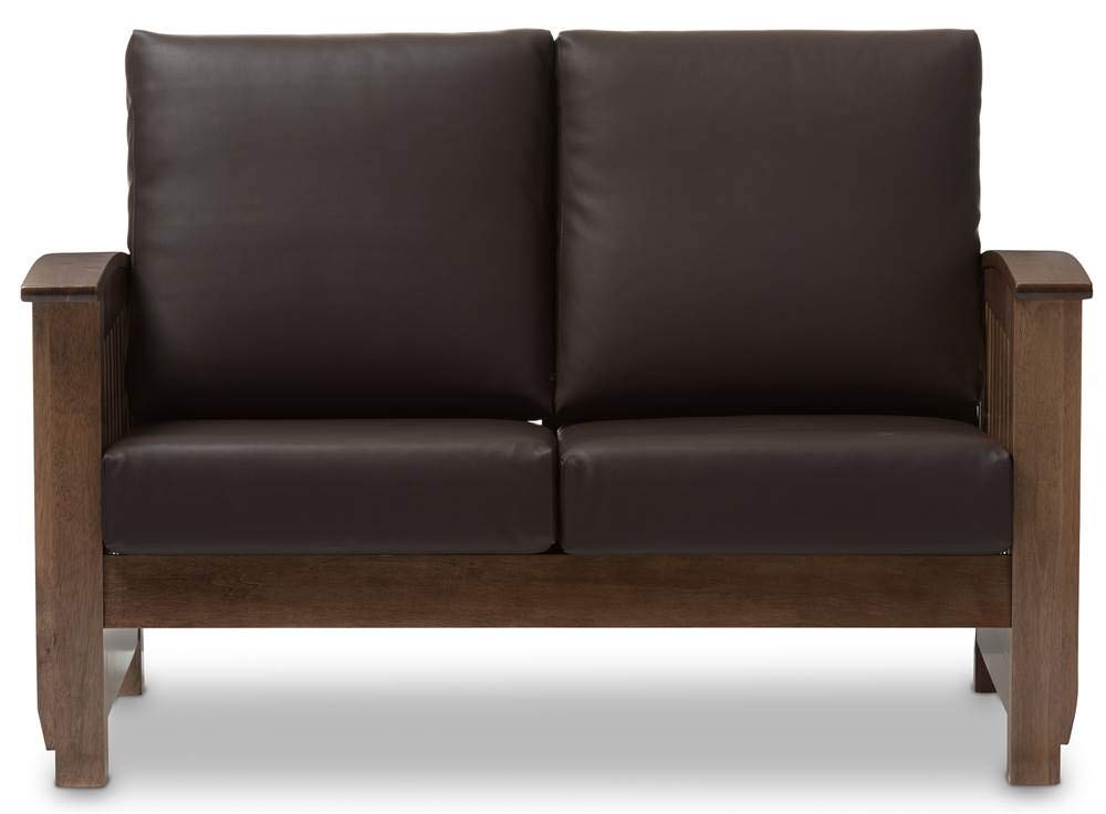 Baxton Studio Charlotte Modern Classic Mission Style Walnut Brown Wood and Dark Brown Faux Leather 2-Seater Loveseat