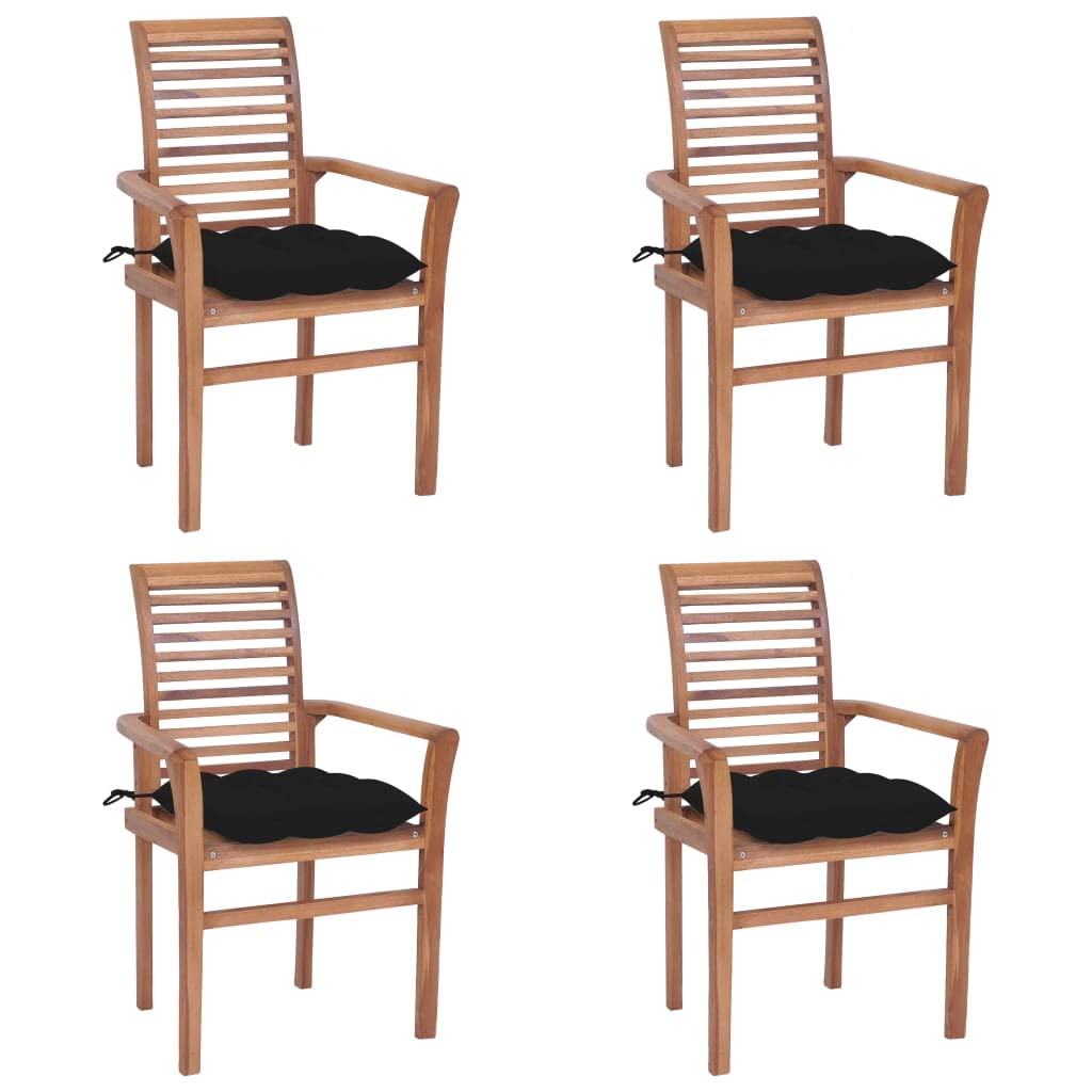 vidaXL Stackable Dining Chairs Set of 4 with Black Cushions - Fine-Sanded, Weather-Resistant Teak Wood - Ideal for Garden, Patio and Indoor Use