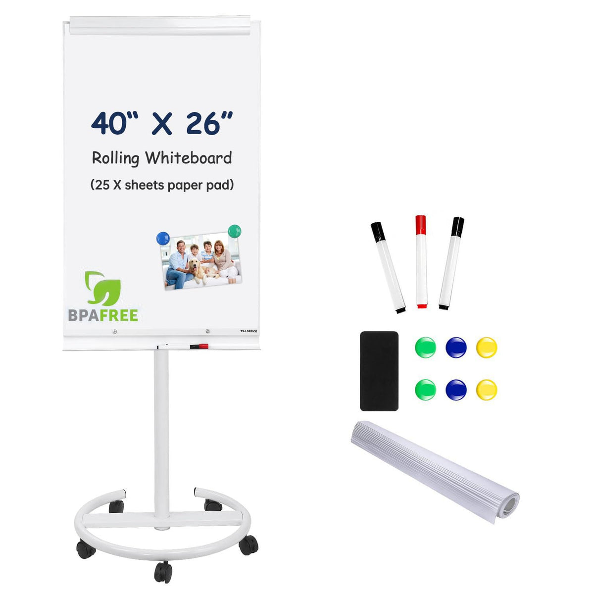 Tsj Office Mobile Standing Whiteboard - 40 X 26 Inches Dry Erase Magnetic White Board With Stand Flipchart Easel Height Adjustab